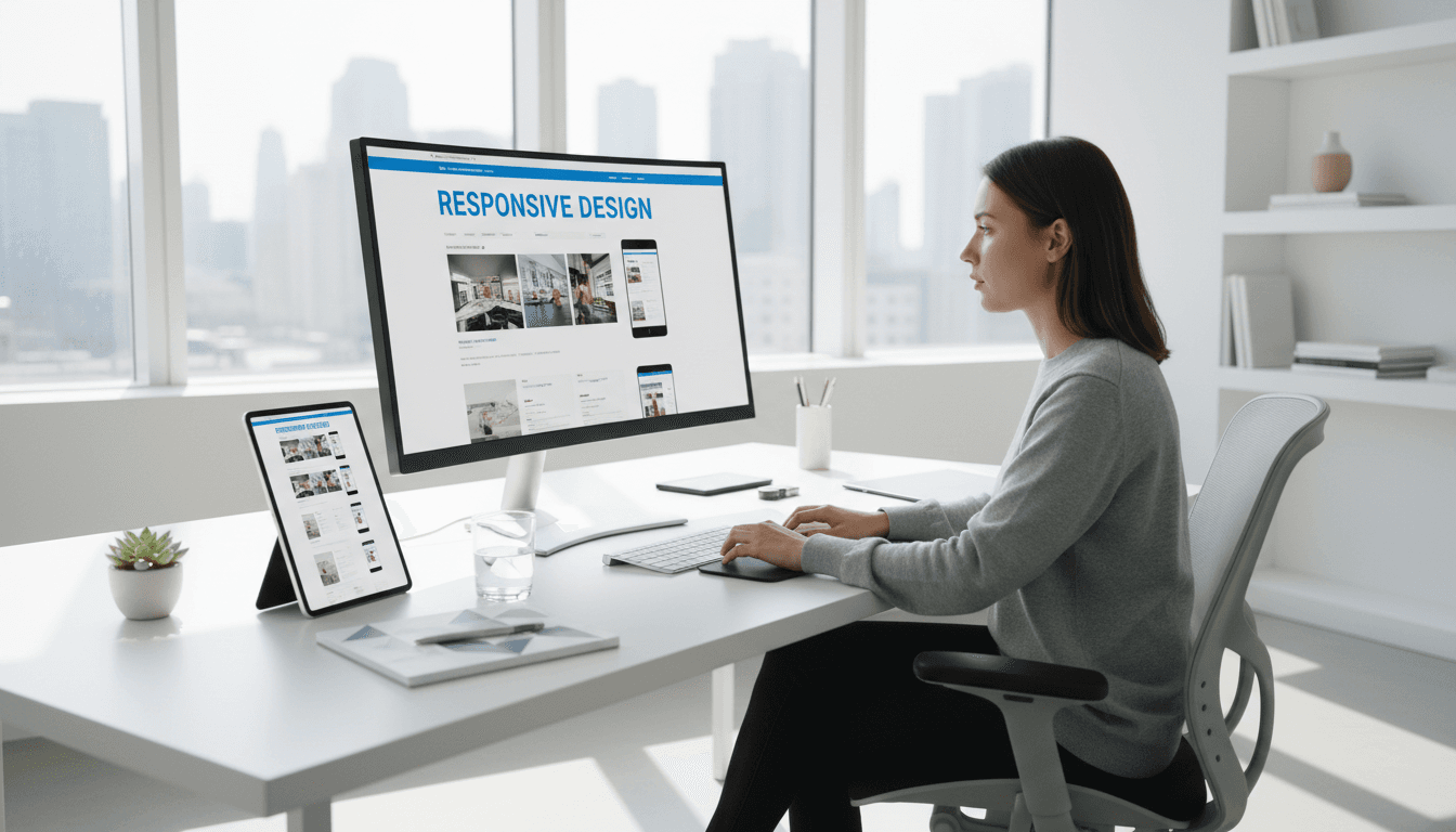 Website designer reviewing a mobile responsive layout on a laptop in a bright studio