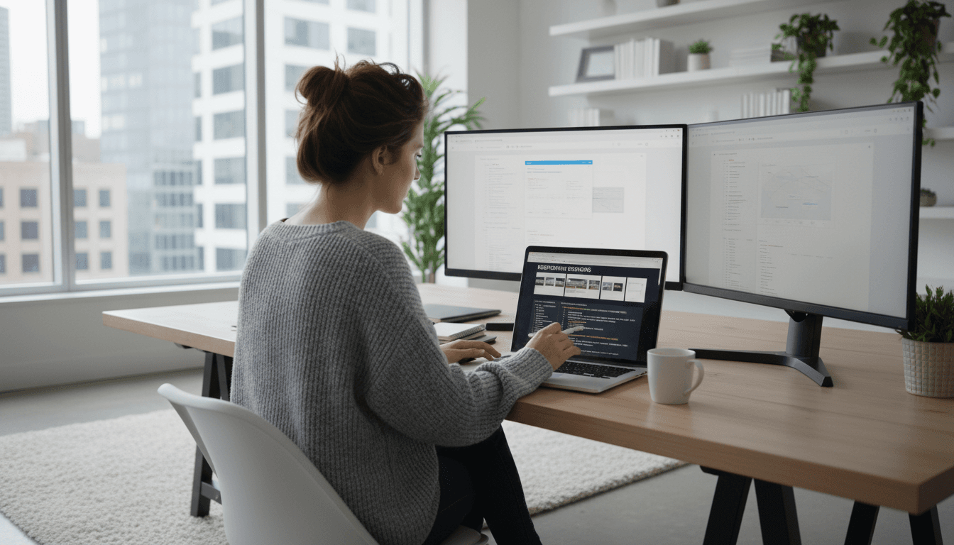 Website designer reviewing a responsive site layout on a laptop in a bright, modern studio