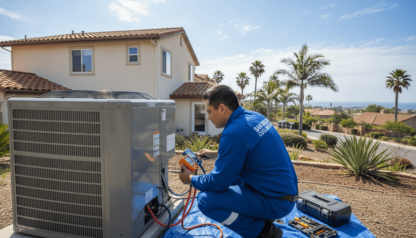 Technician in navy uniform inspecting an outdoor air conditioning condenser unit beside a residential wall