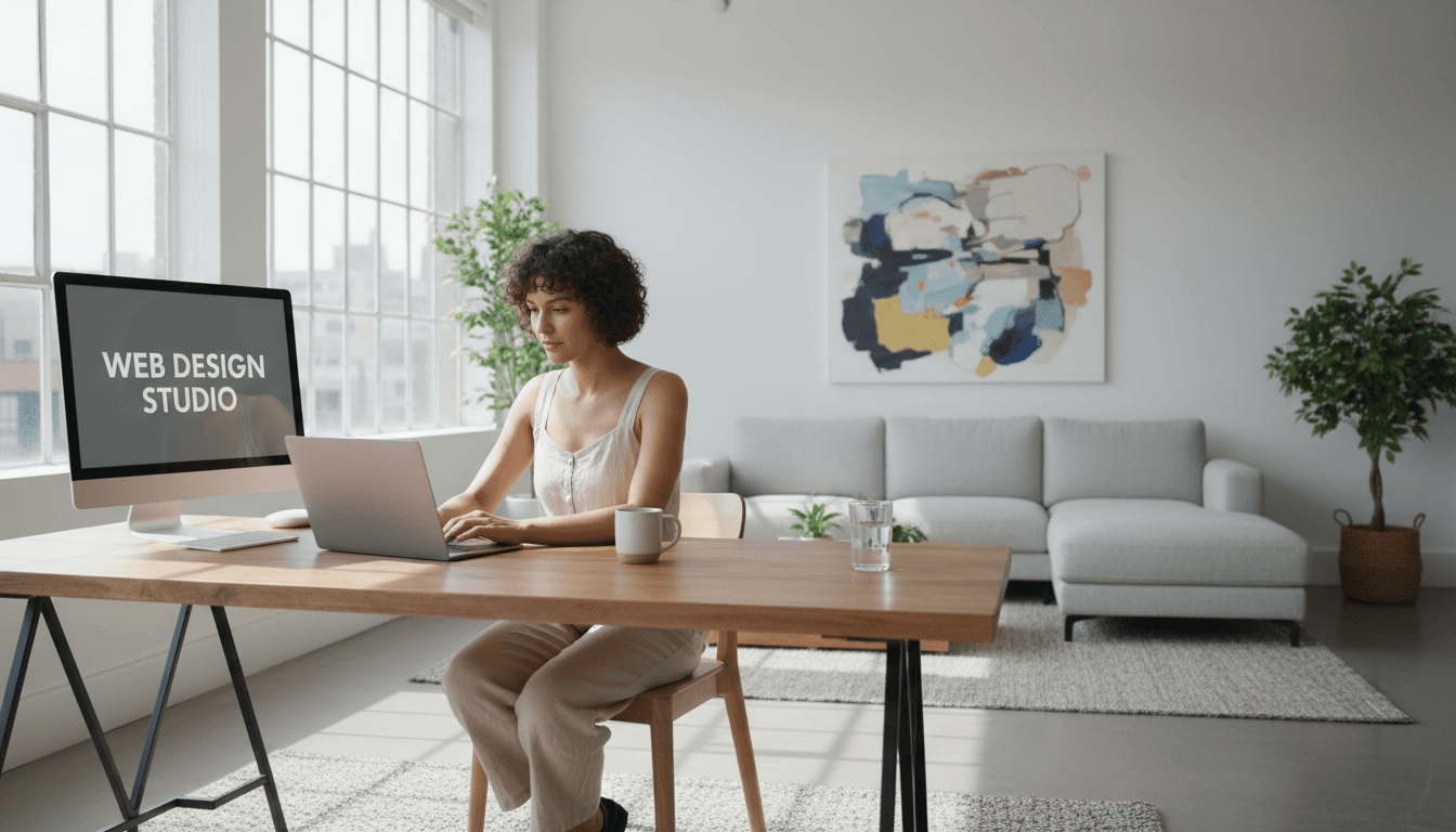 Web designer working on a laptop in a bright modern studio