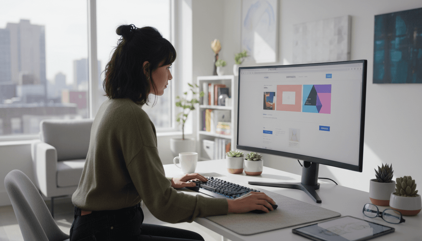 Professional web designer working on a modern website layout in a bright studio