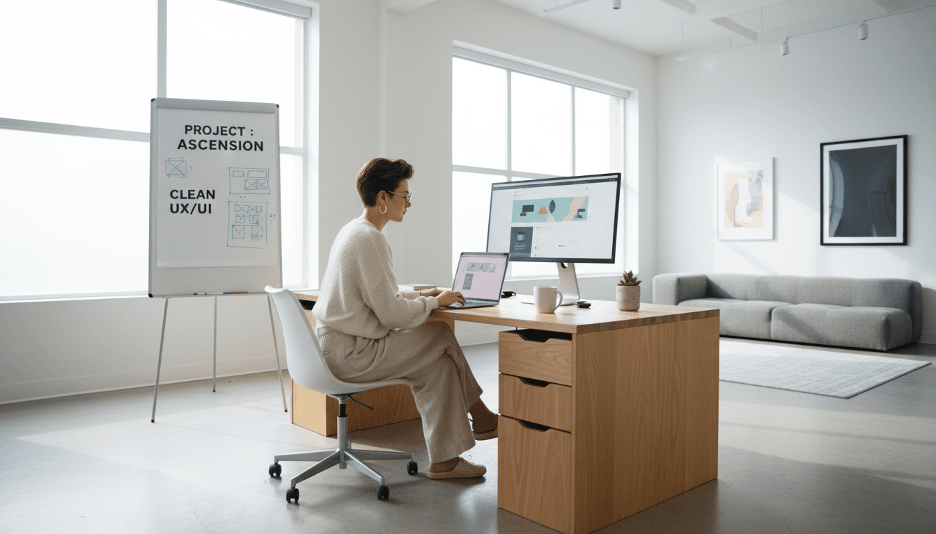 Web designer working on a laptop in a bright studio