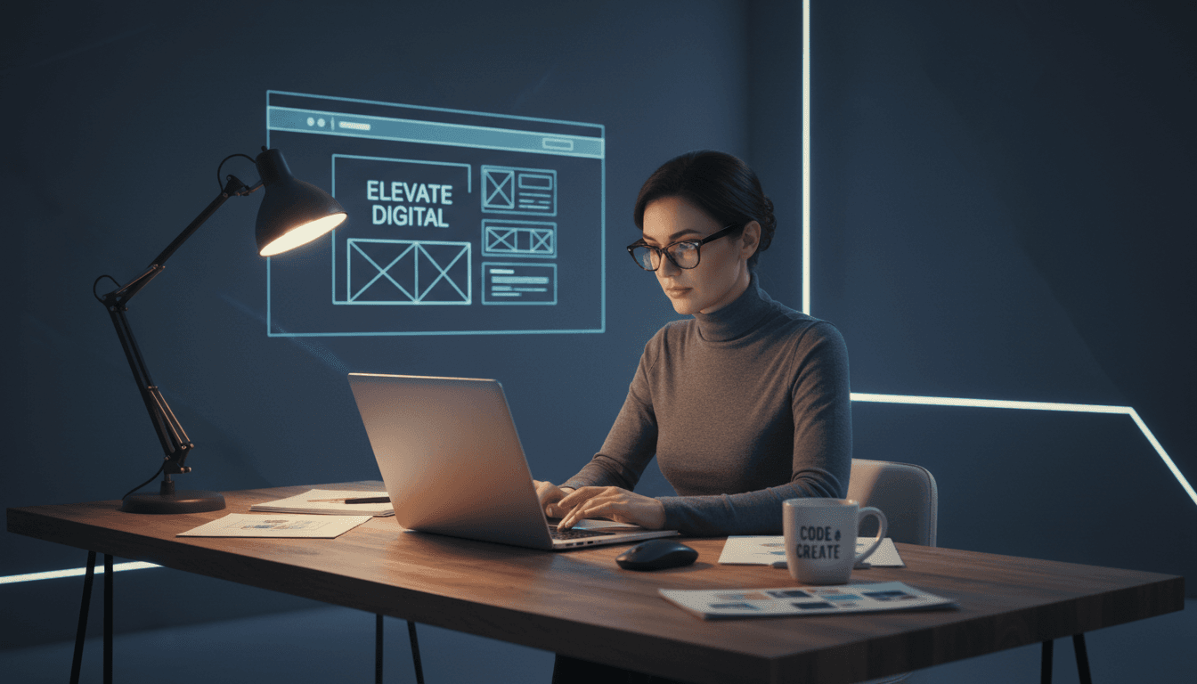 Web designer at a desk reviewing website plans on a laptop