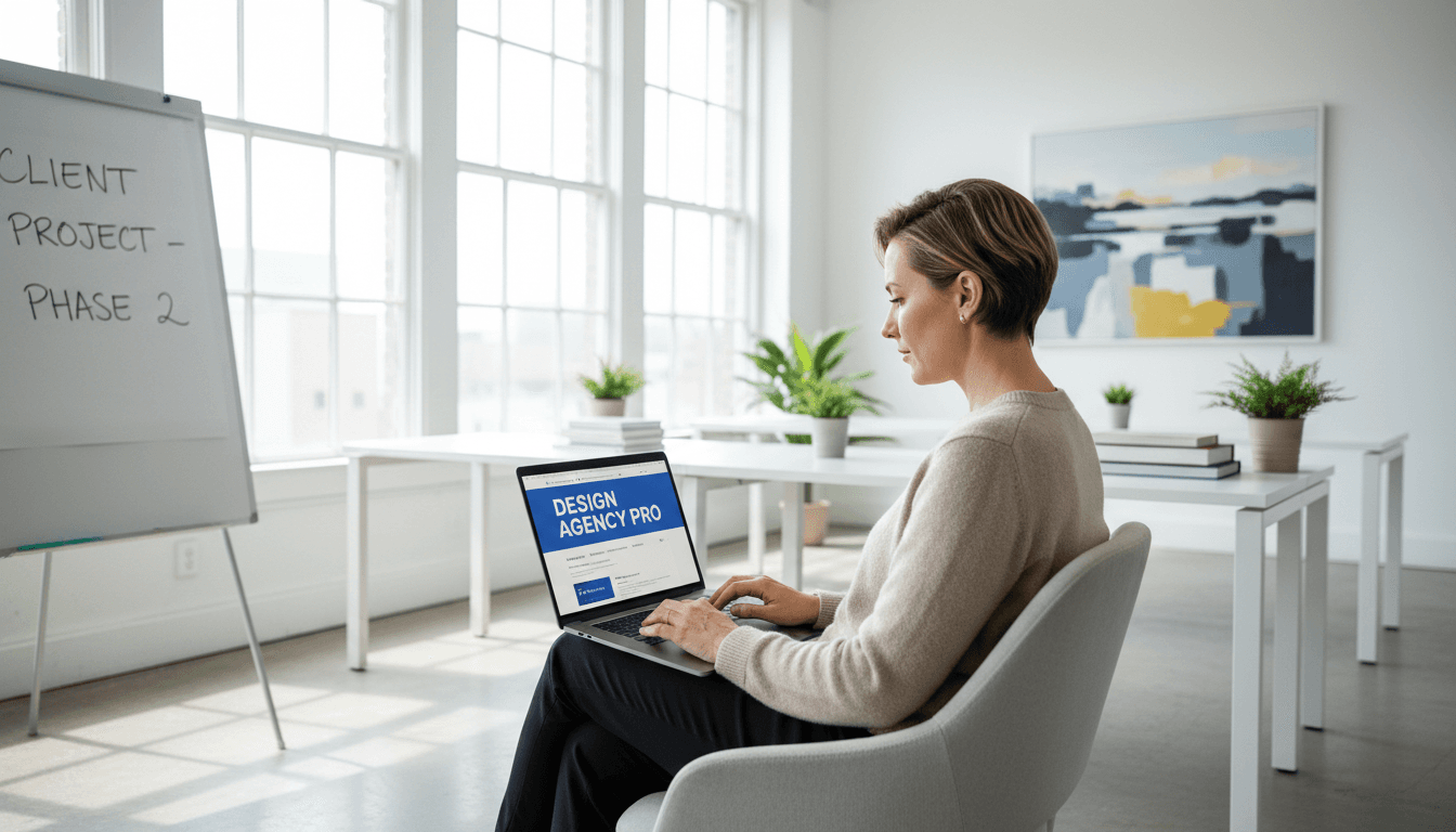 Web designer working on a laptop in a bright modern studio