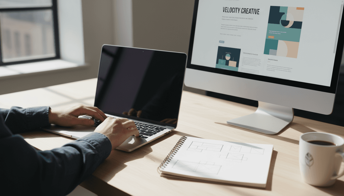 Web designer working on a laptop in a bright, modern studio