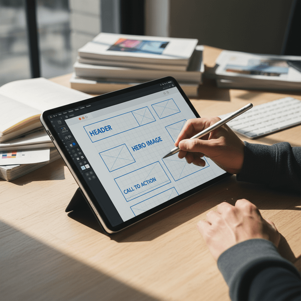 Designer sketching a website layout in a bright studio