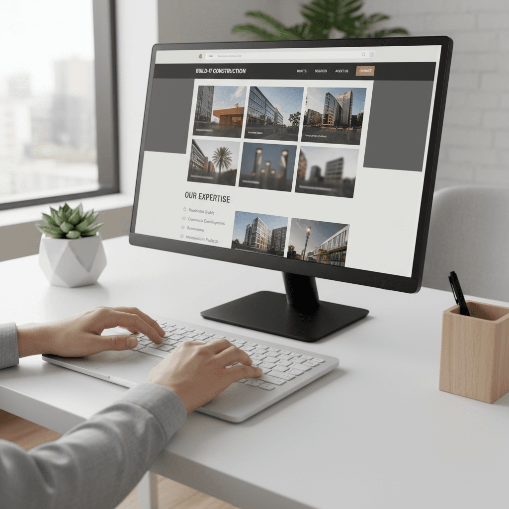 Website designer working on a laptop in a bright studio office