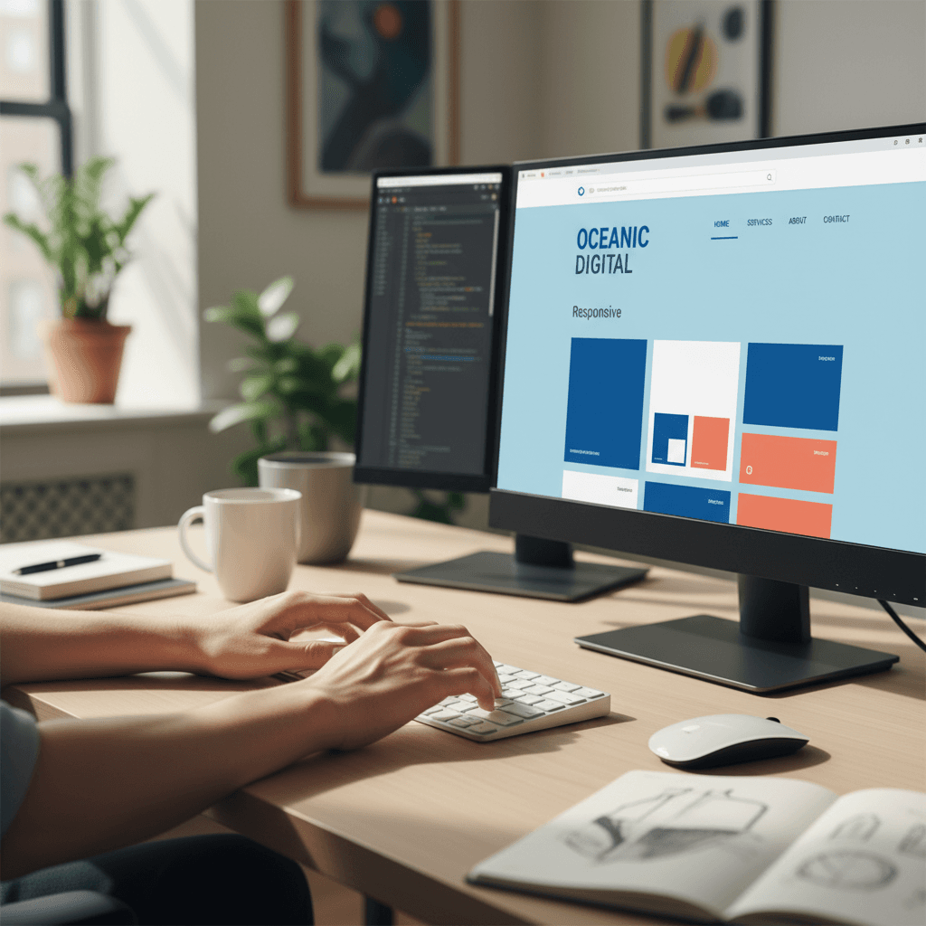 Web designer working on a website layout in a bright studio