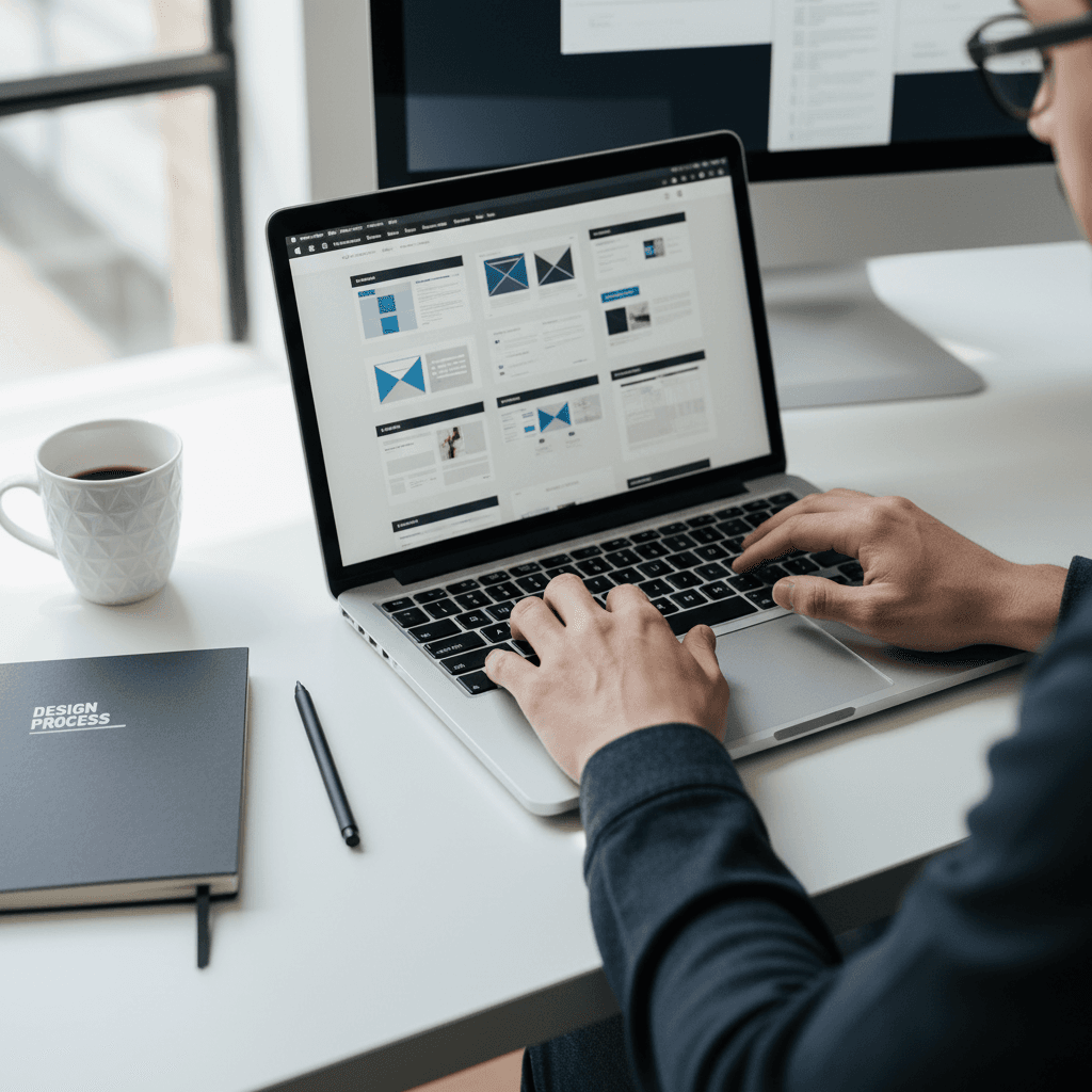 Web designer working on a laptop with website mockups in a bright modern studio