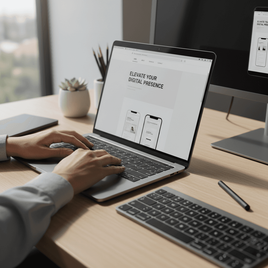 Designer reviewing responsive website layouts on a laptop in a bright modern studio