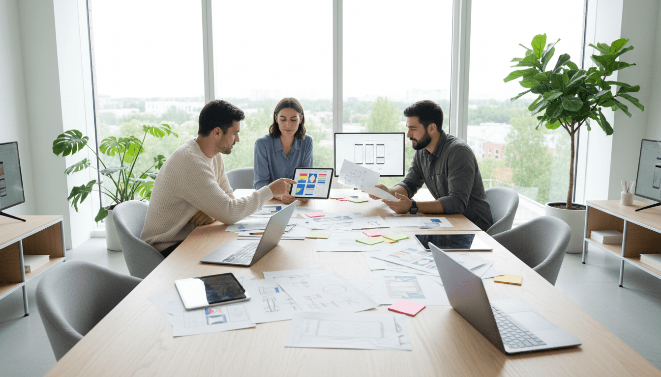 Two web designers collaborating over a laptop in a bright modern office